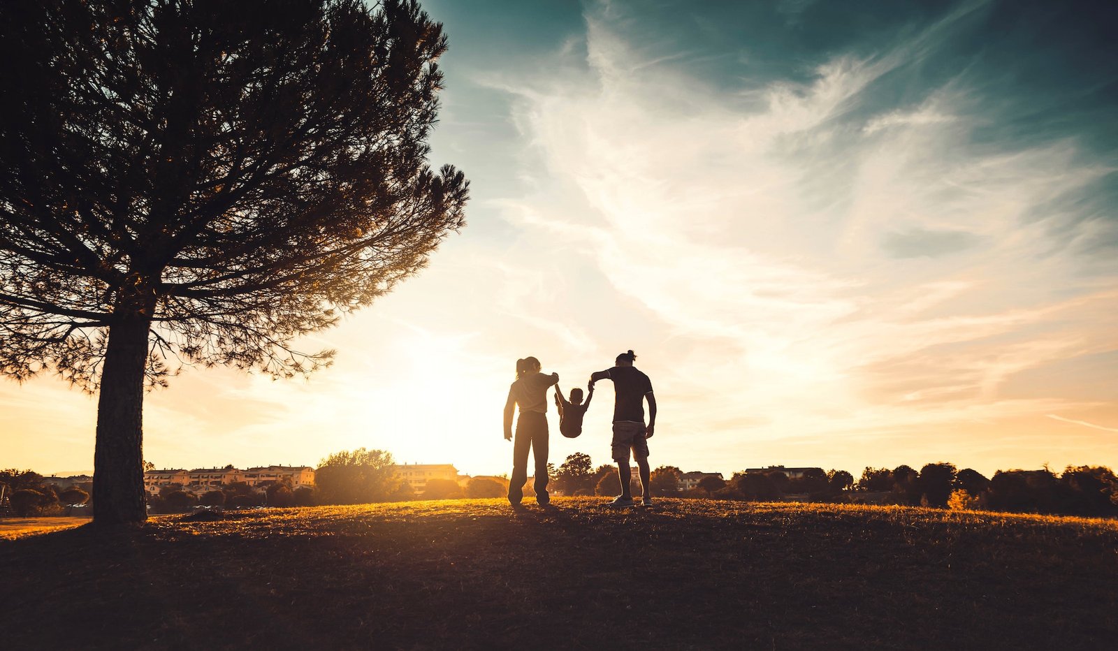 Silhouette of happy family walking in the meadow at sunset